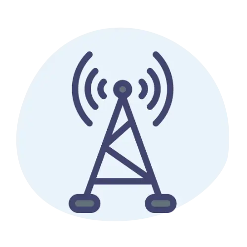 Signal tower icon emitting radio waves, representing wireless communication, remote connectivity, and broadcasting infrastructure in rural or isolated regions.