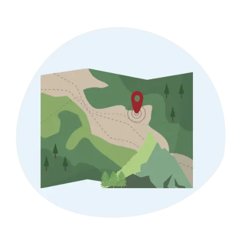 Illustrated map icon with a red location pin marking a remote area in mountainous terrain, symbolizing remote communication and tracking in rugged environments.