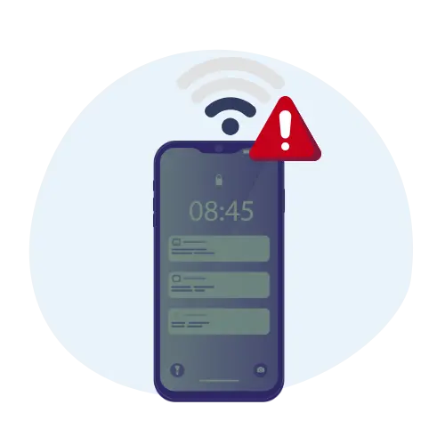 Smartphone displaying weak or lost signal warning with alert icon, representing communication issues and lack of network connectivity in remote areas.