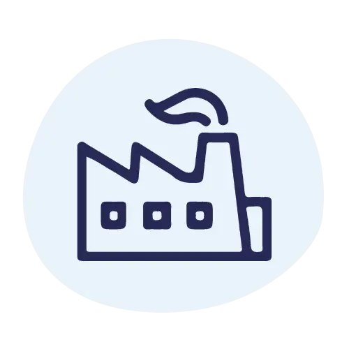Icon of a factory building representing UHF and VHF radio communication in manufacturing and warehouse operations.