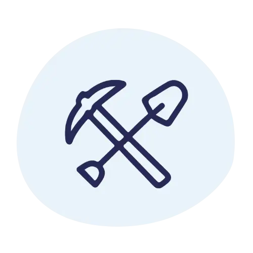 Icon of a crossed pickaxe and shovel representing UHF and VHF radio communication in mining operations and resource extraction.