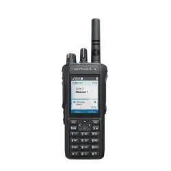 Motorola MOTOTRBO R7 digital two-way radio with front keypad and display screen.
