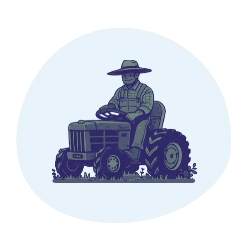 Illustration of a farmer driving a utility vehicle (UTV) with the number 2, representing farm vehicle communications